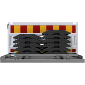 SET | with 10 panel fences | and 11 base plates | on storage and transport traverse | ohne Lampenadapter | with red/yellow foil, type RA1/A | type of barrier NOX white